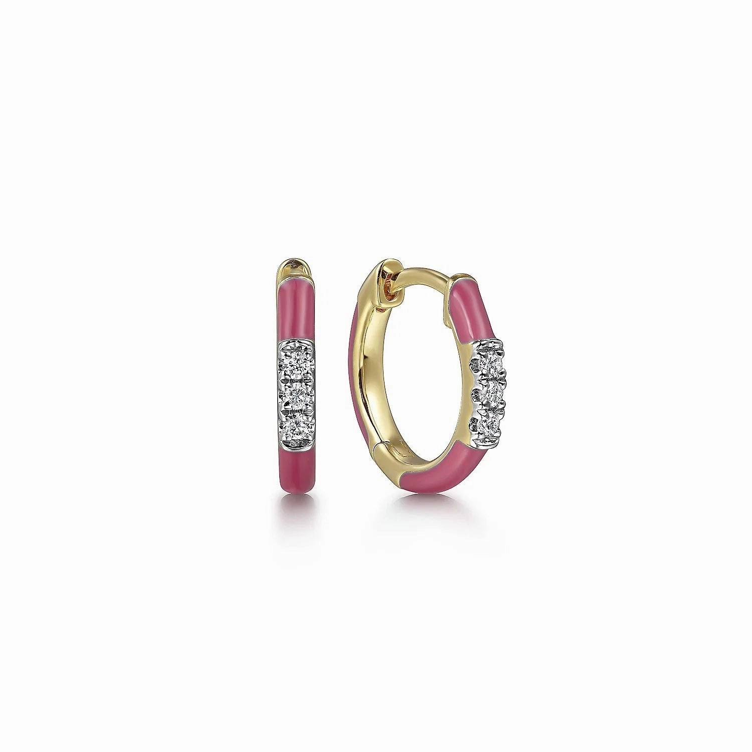 Elegant Appearance Modern Trinket 14K Yellow Gold Diamond Classic Huggie with Pink Enamel