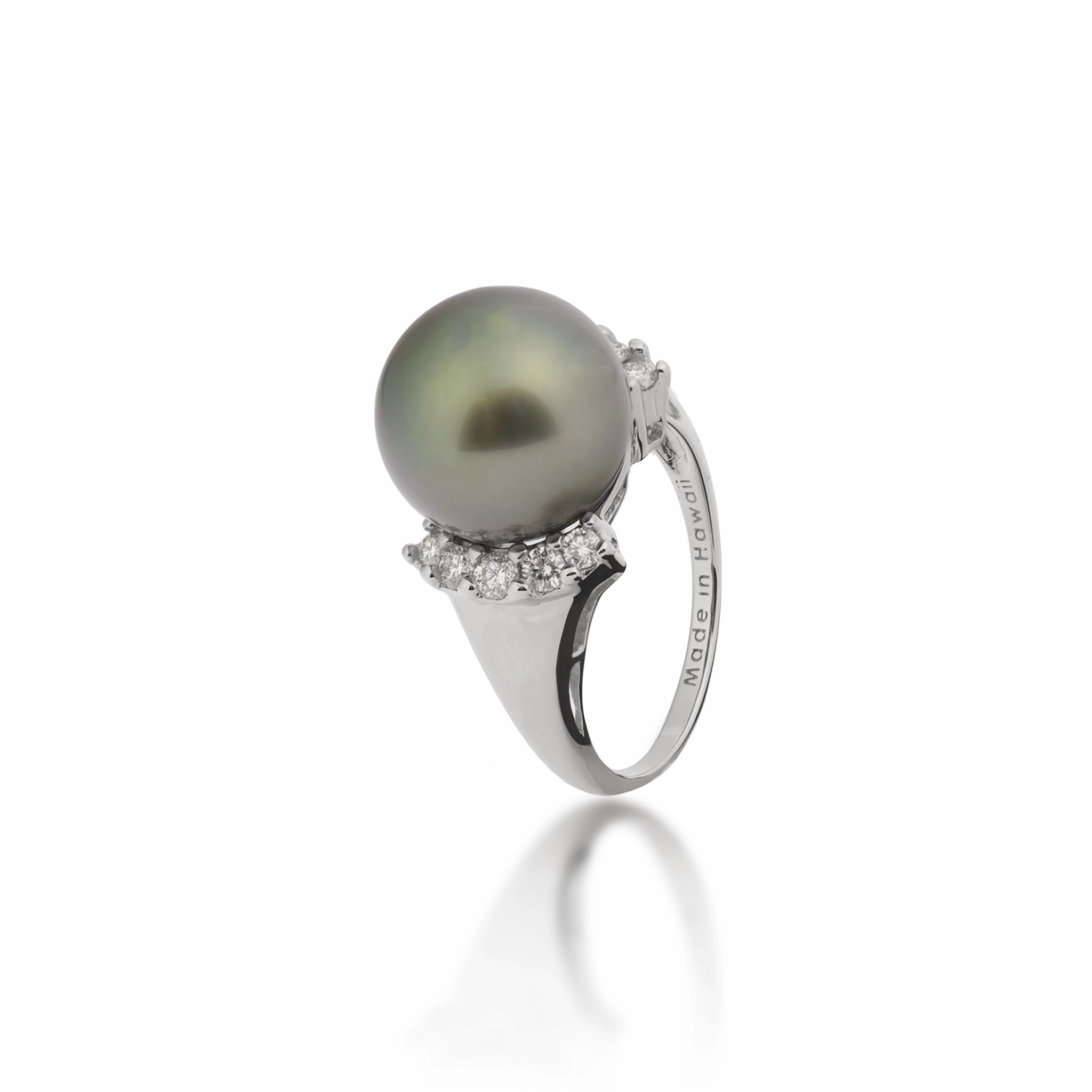 Special Gift Tahitian Black Pearl Ring in White Gold with Diamonds - 12-13mm