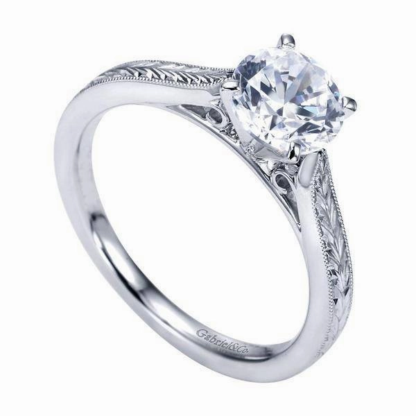 Amazing Style Unique Fit Engraved Solitaire Round Diamond Ring 14K White Gold 220A