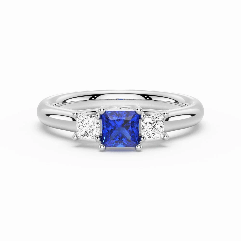 Lab Grown Sapphire and Princess Cut Diamond Three Stone Ring Feminine Finish
