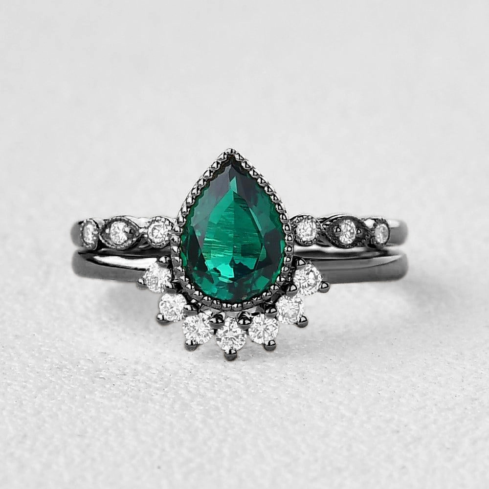 Elegant Art Black Gold Pear Emerald Milgrain Vintage Ring Set 2pcs
