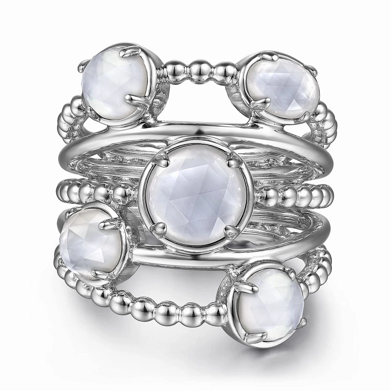 Unique Shine 925 Sterling Silver Rock Crystal and White Mother of Pearl Statement Bubble Ring