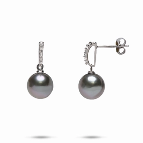 Tahitian Black Pearl Earrings in White Gold with Diamonds - 9-10mm Luminous Accent
