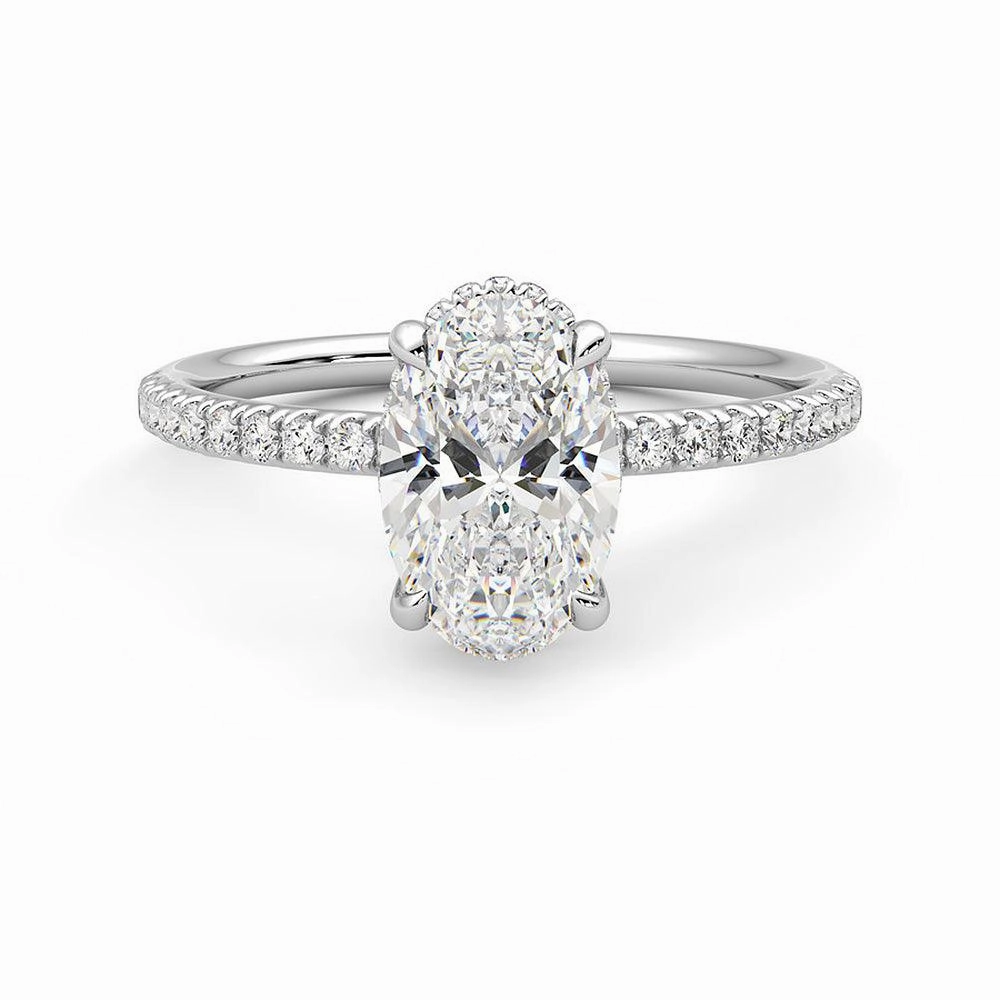 Layered Accent Refined Shine Oval Cut Moissanite Engagement Ring with Hidden Halo and Anniversary Stone Accent