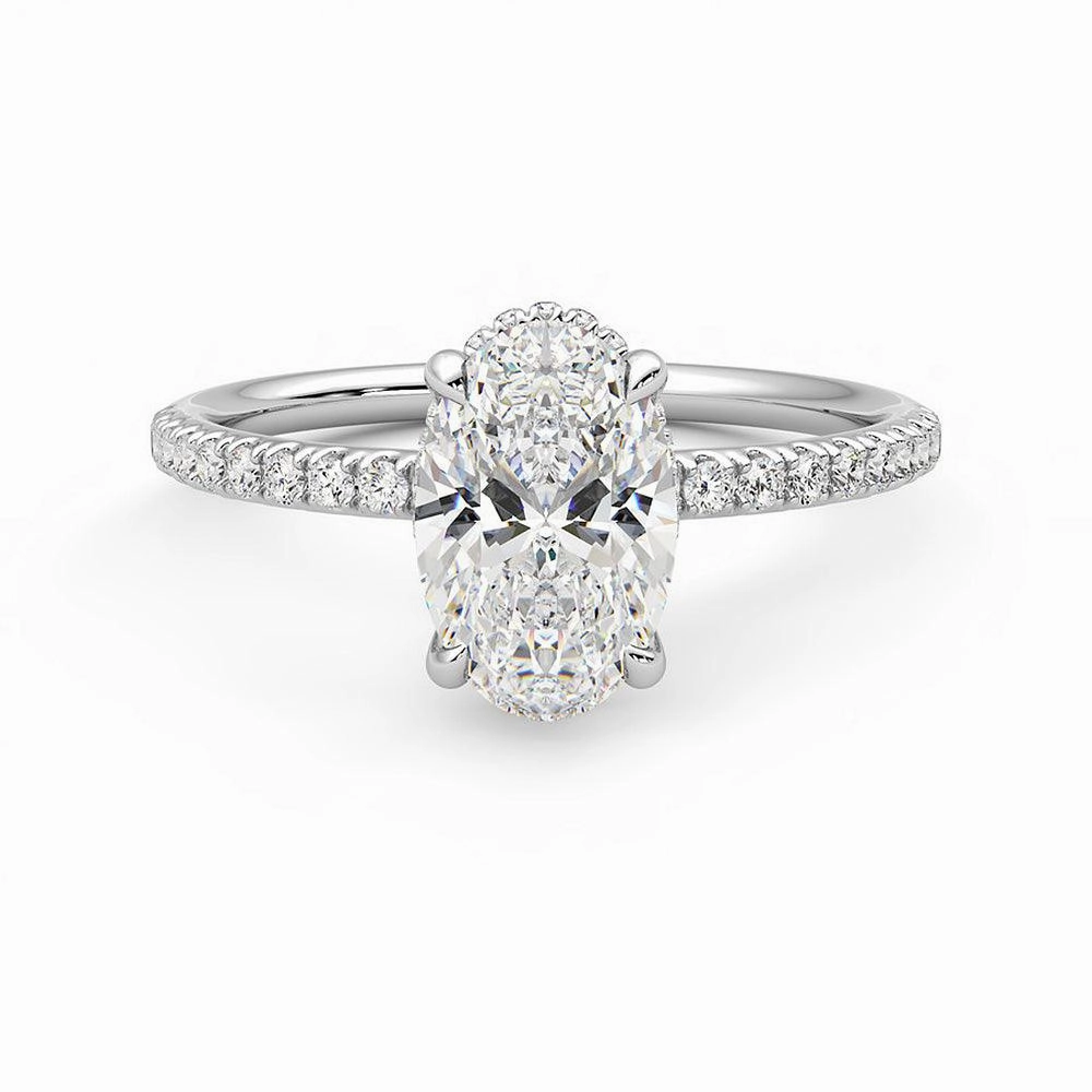 Playful Spark Oval Cut Moissanite Engagement Ring with Hidden Halo and Anniversary Stone Accent