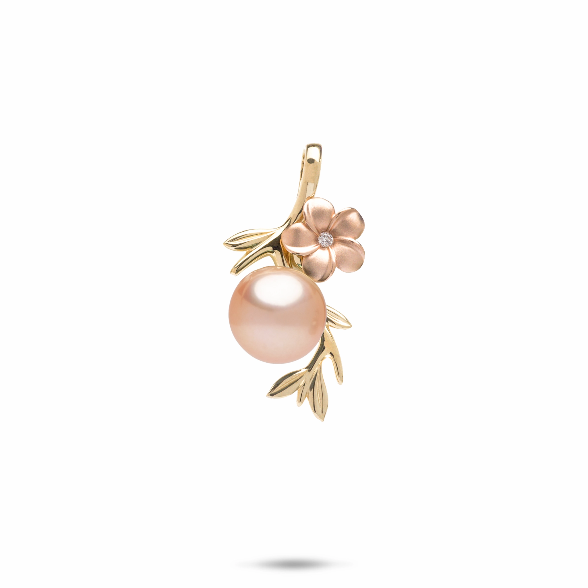 Neutral Tone Pearls in Bloom Plumeria Peach Freshwater Pearl Pendant in Two Tone Gold with Diamonds - 8mm