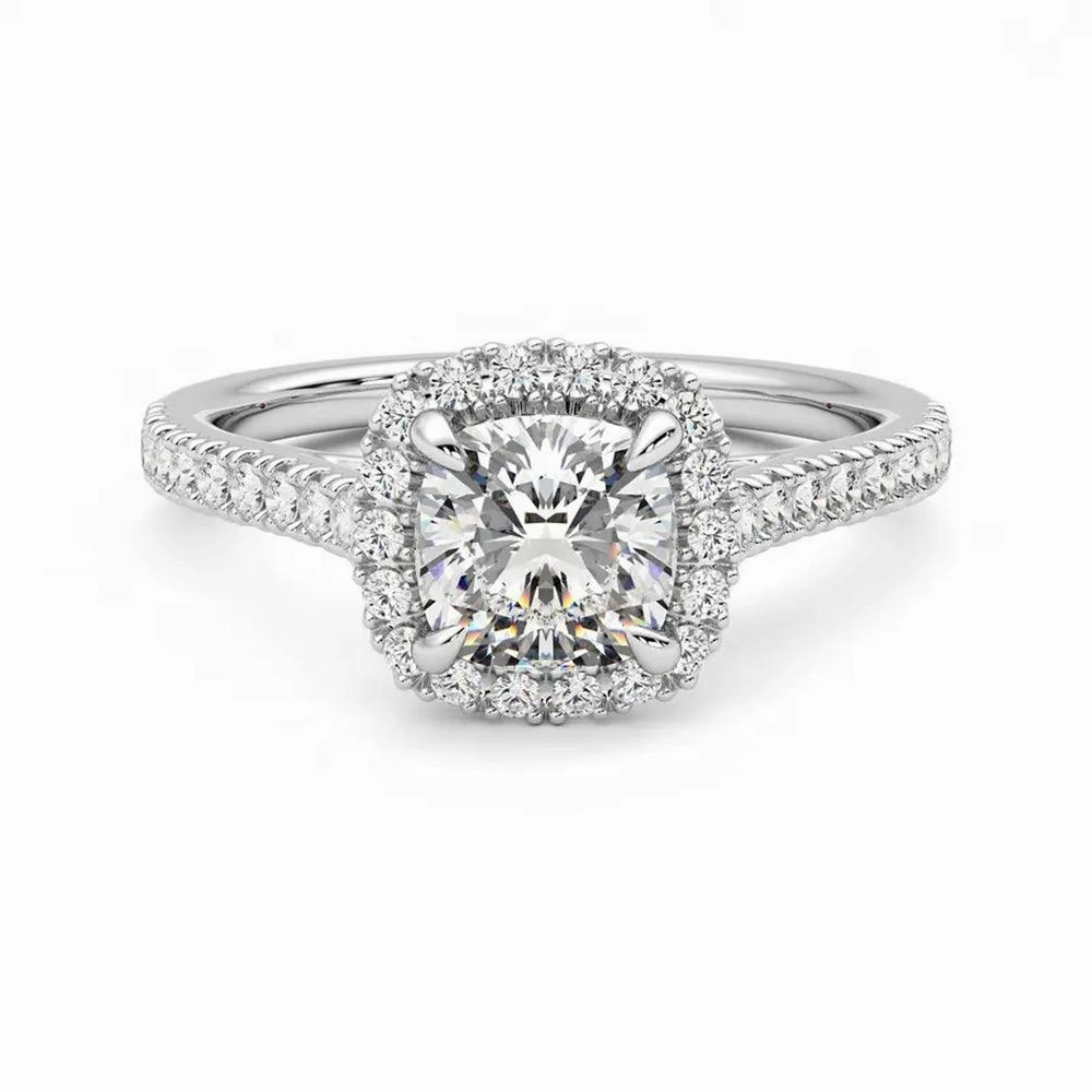 Cushion Cut Halo Moissanite Engagement Ring with Hidden Anniversary Stone Accent Delicate Sparkle Luxury Highlight