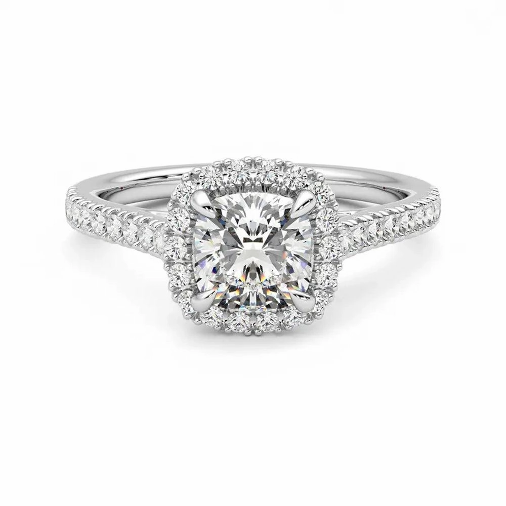 Textile Shine Fashion Must Cushion Cut Halo Moissanite Engagement Ring with Hidden Anniversary Stone Accent