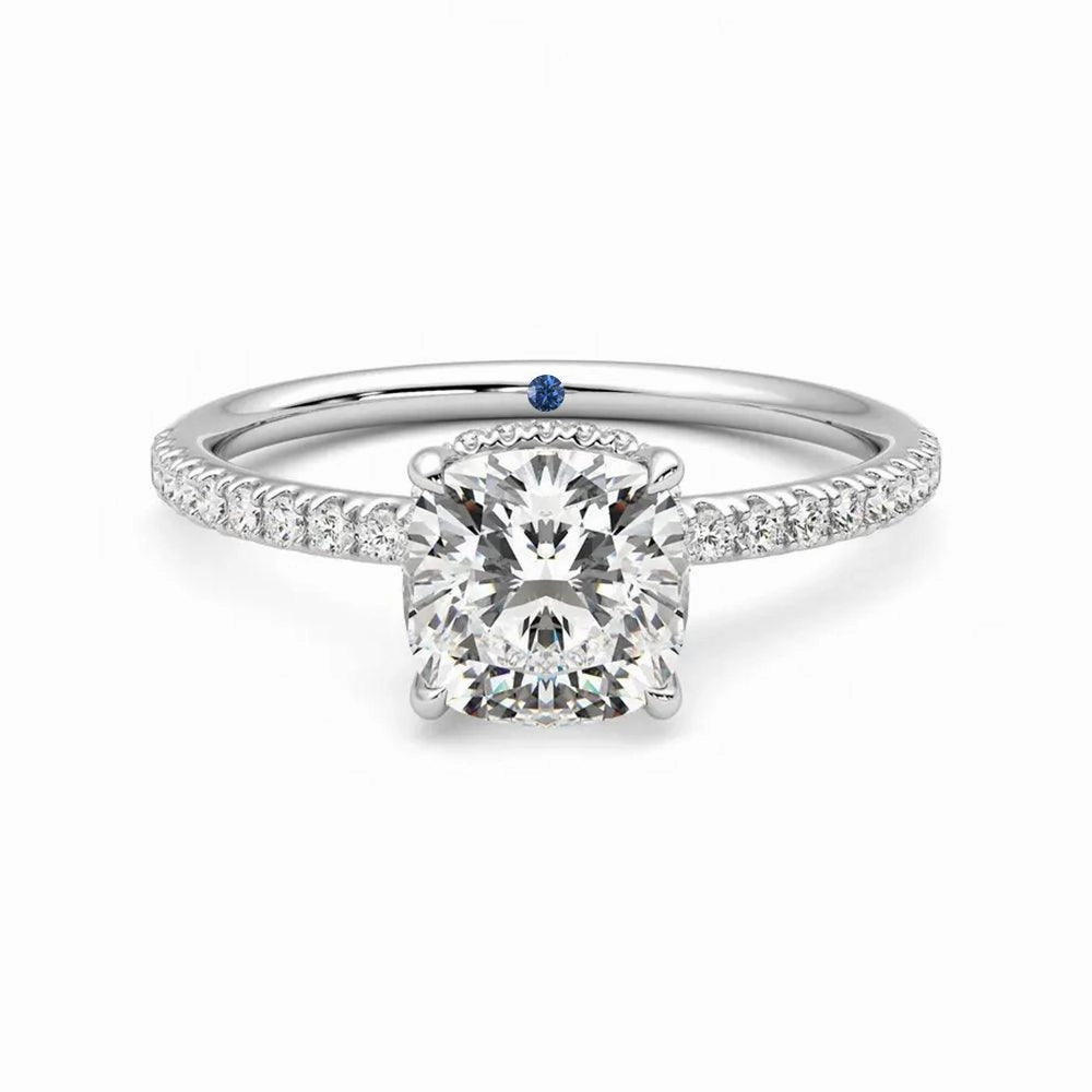 Precious Glow Sophisticated Style Cushion Cut Moissanite Engagement Ring with Hidden Halo and Anniversary Stone Accent