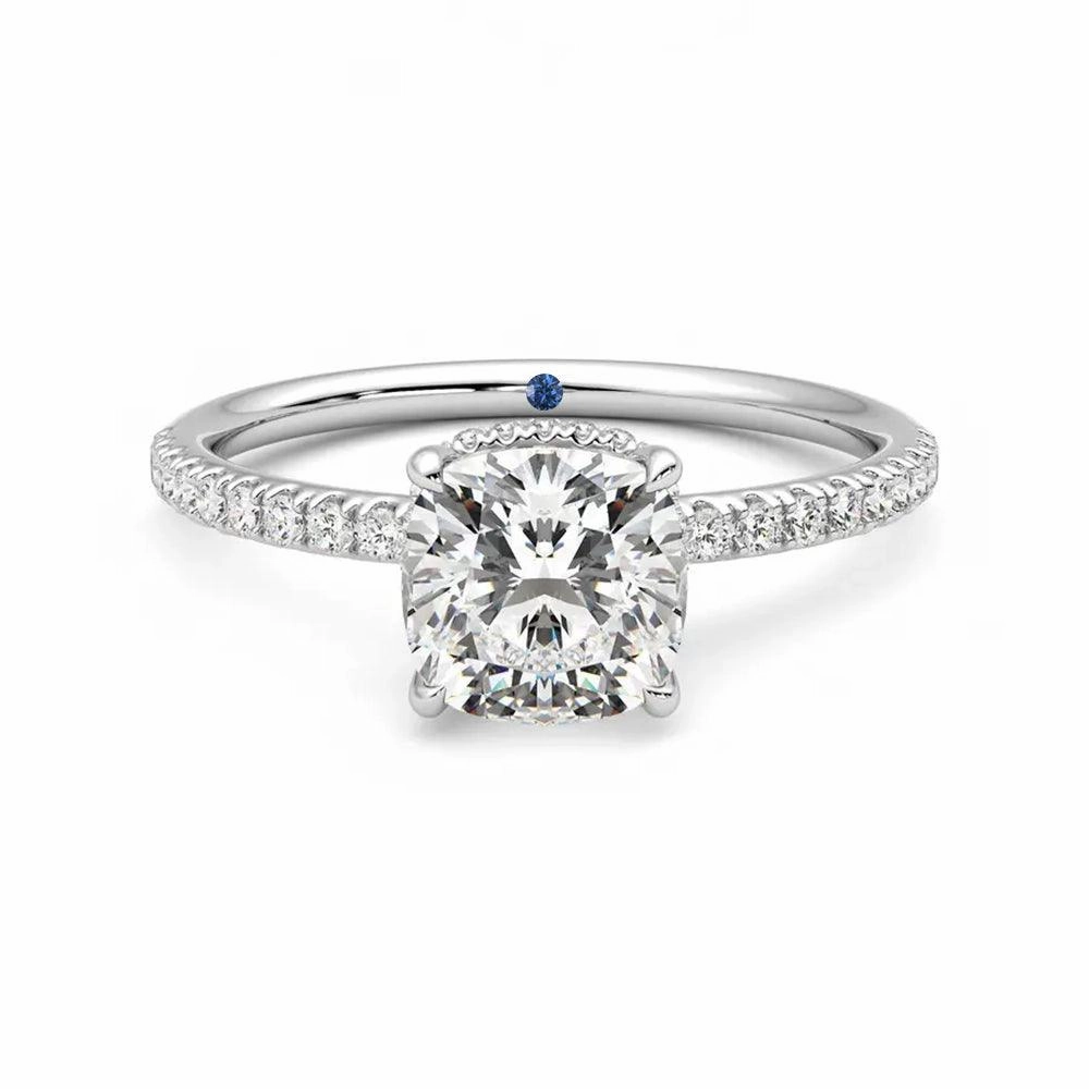 Daily Look Cushion Cut Moissanite Engagement Ring with Hidden Halo and Anniversary Stone Accent