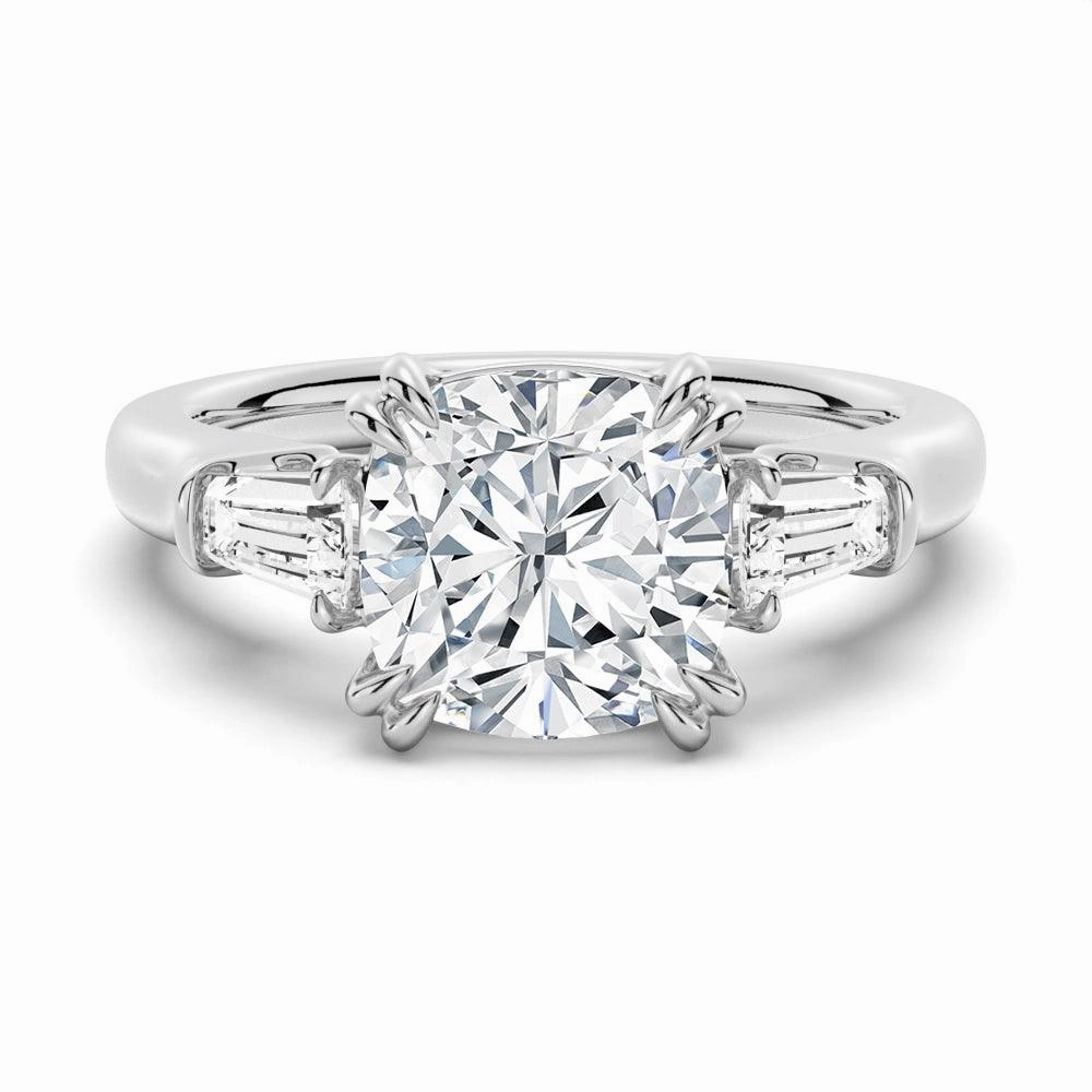 Gleaming Form Cushion Cut Moissanite Engagement Ring with Tapered Baguette Side Stones