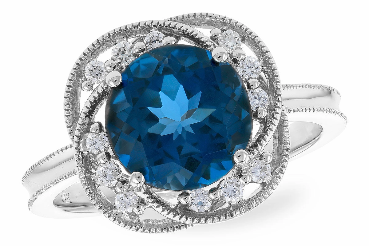 14K White Gold London Blue Topaz and Diamond Floral Style Ring Anniversary Choice