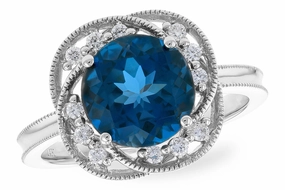 14K White Gold London Blue Topaz and Diamond Floral Style Ring Anniversary Choice