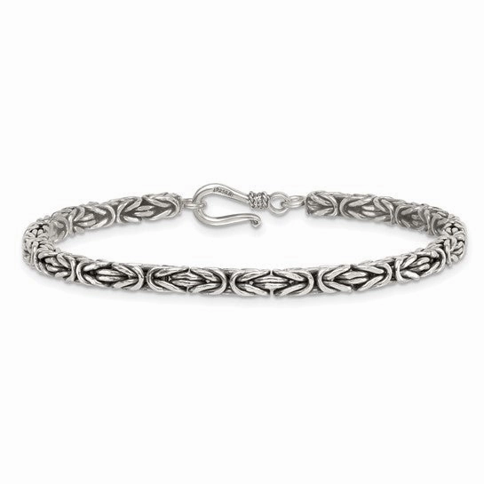 Glamorous Mood Sterling Silver Antiqued 4.0mm Byzantine 8 Inch Hook Clasp Mens Bracelet