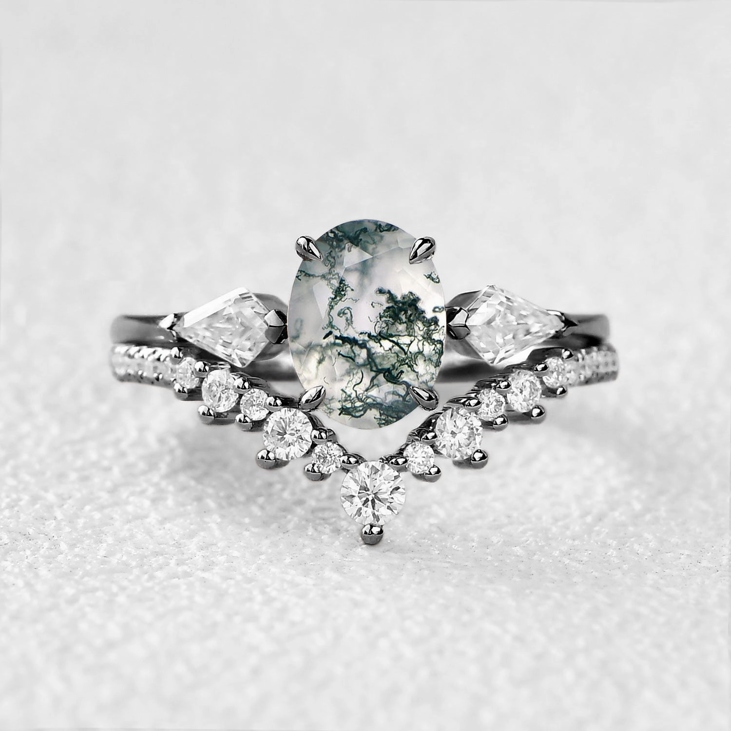 Black Gold Oval Moss Agate Three Stones Engagement Ring Set 2pcs Economical Work