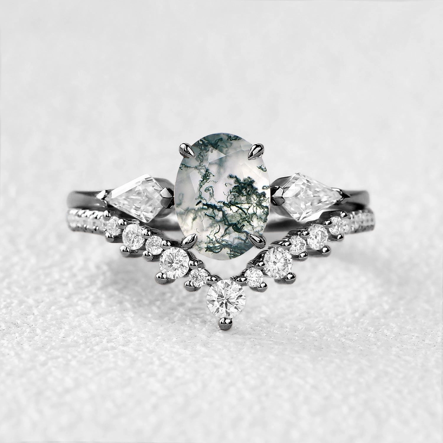 Black Gold Oval Moss Agate Three Stones Engagement Ring Set 2pcs Flawless Finish