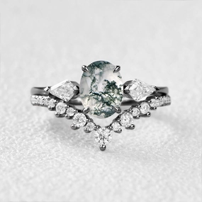 Black Gold Oval Moss Agate Three Stones Engagement Ring Set 2pcs Flawless Finish