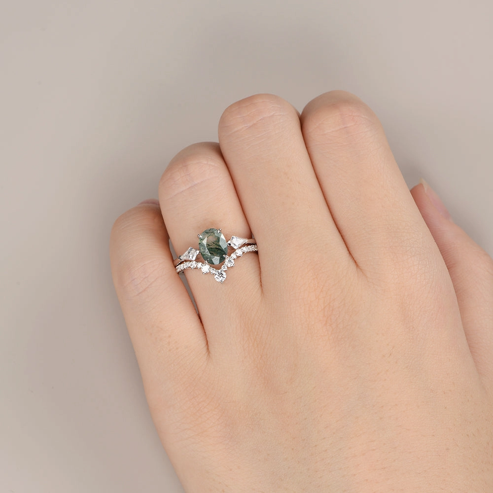 Black Gold Oval Moss Agate Three Stones Engagement Ring Set 2pcs Creative Match