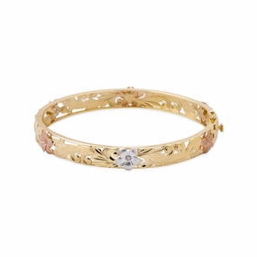 Hawaiian Heirloom Plumeria Hinge Bracelet in Tri Color Gold with Diamonds - 10mm Effortless Edge Soft Mood