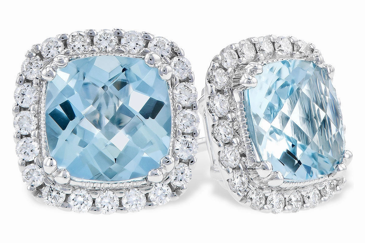 Retro Piece 14K White Gold Cushion Cut Aquamarine & Diamond Halo Stud Earrings