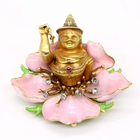 Chic Outfit Balanced Highlight Diamond & Ruby Enamel Flower Brooch | 0.05ctw, 0.01ct |