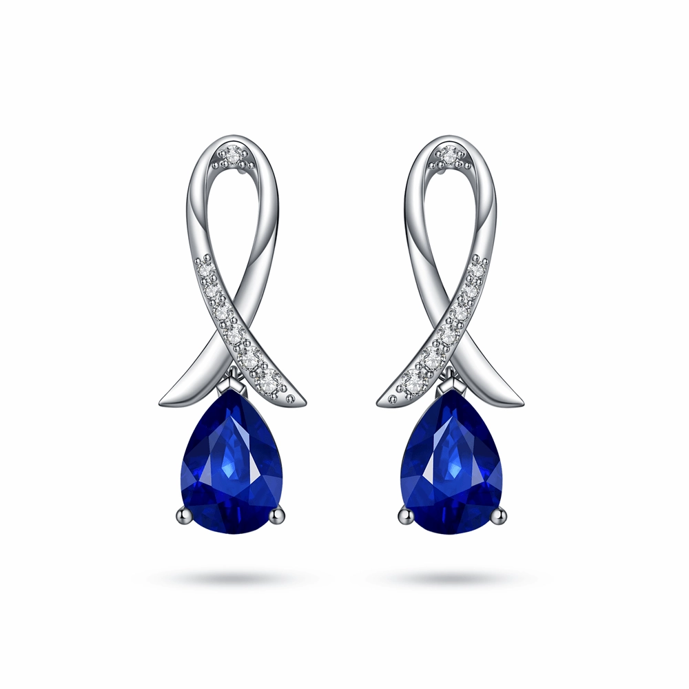 Flawless Accent Elegant Outfit "Blue For Pink" Sapphire Earrings With Pav?? Ribbon