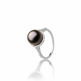 Flawless Sparkle Tahitian Black Pearl Halo Ring in White Gold with Diamonds - 9-10mm
