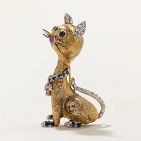 Daywear Fit Essential Accessory Vintage Diamond, Sapphire and Ruby Cat Brooch | 1.17ctw |