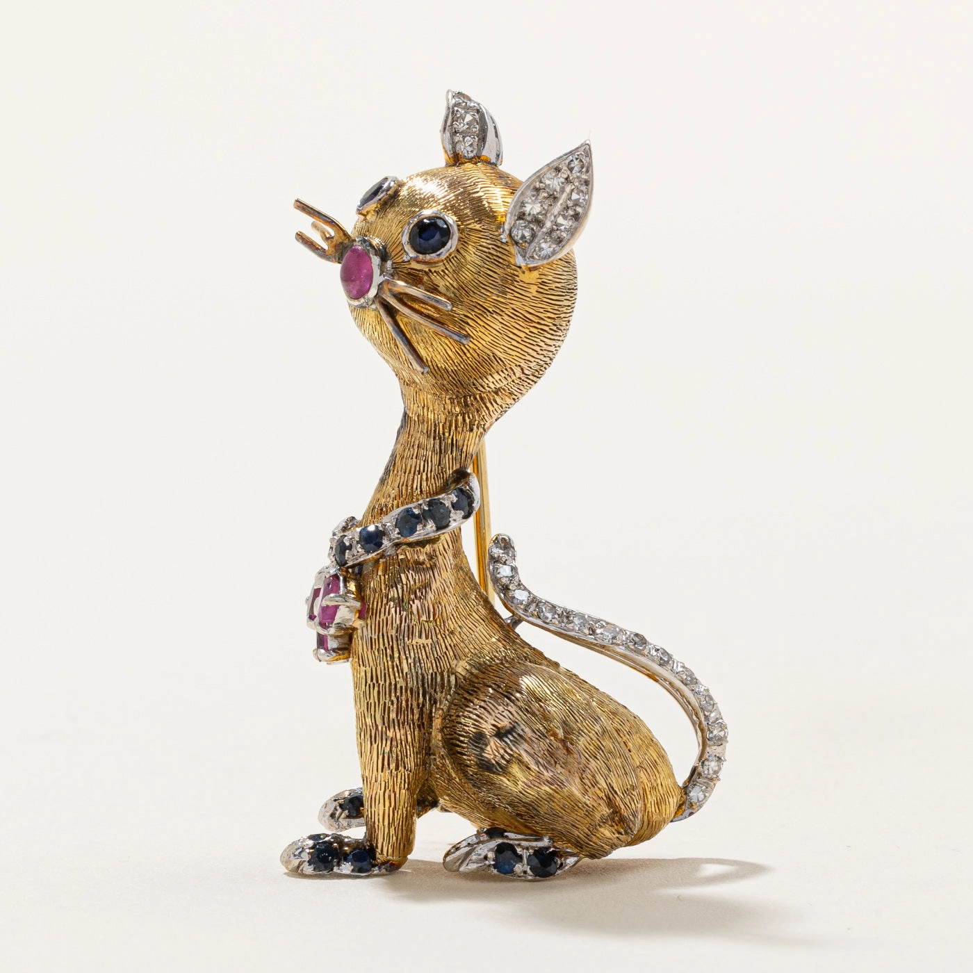Daywear Fit Essential Accessory Vintage Diamond, Sapphire and Ruby Cat Brooch | 1.17ctw |