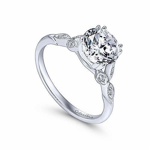 Dainty Floral Style Round Diamond Ring 14K White Gold 191A Gentle Balance Classic Emblem