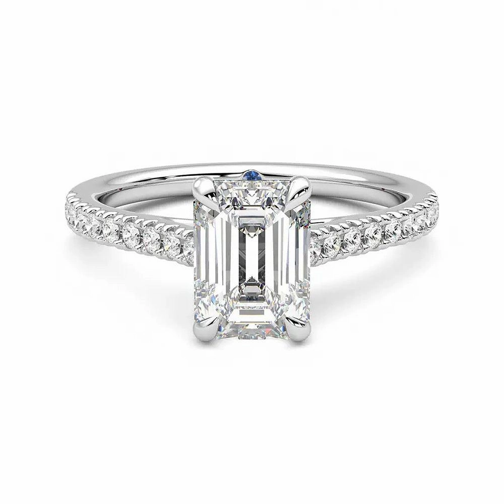Emerald Cut Moissanite Engagement Ring with Hidden Anniversary Stone and Pav?? Accents Layered Design Evening Feature