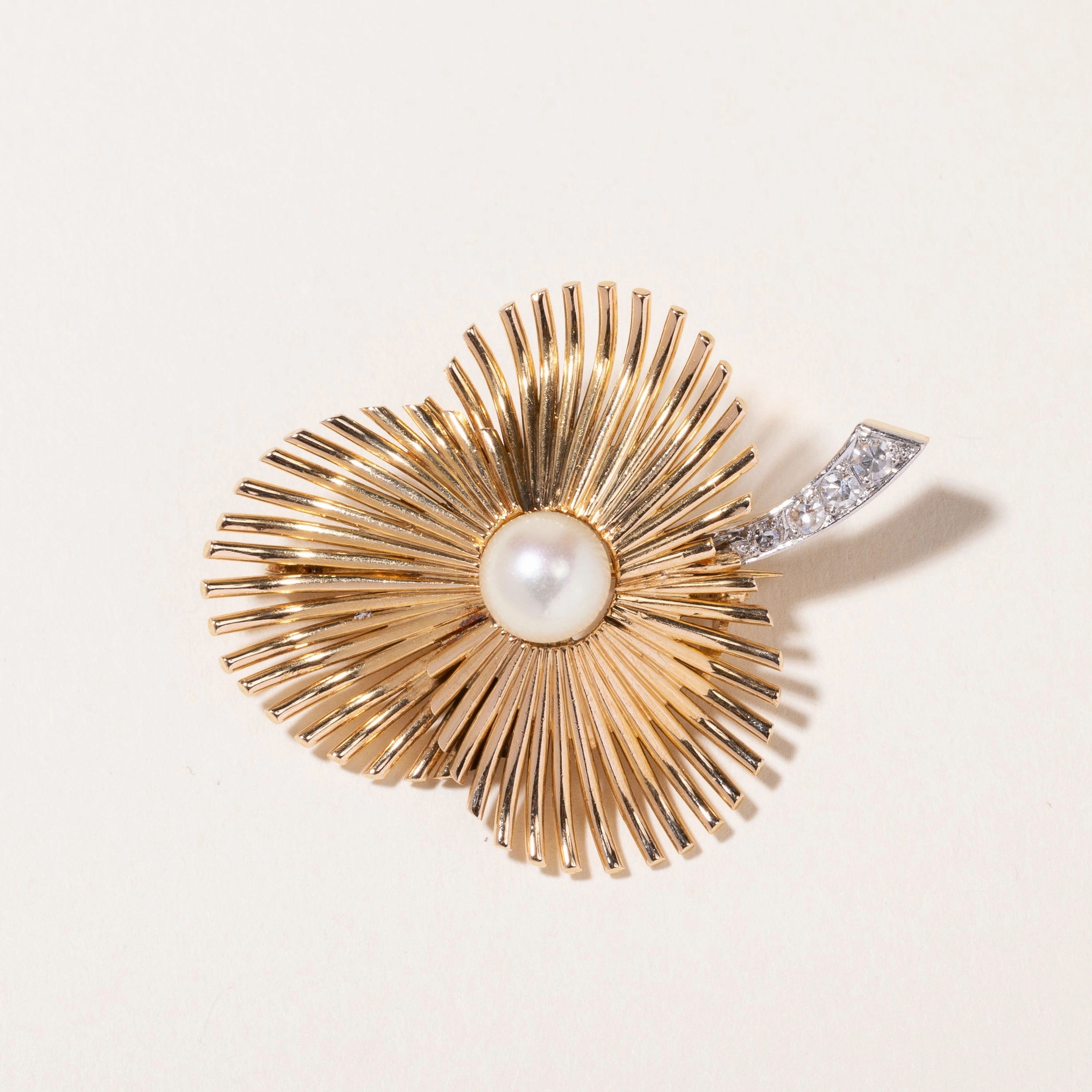 Clean Vibe Sleek Shape 18k Yellow and White Gold Pearl & Diamond Brooch | 7.30mm, 0.12ctw |