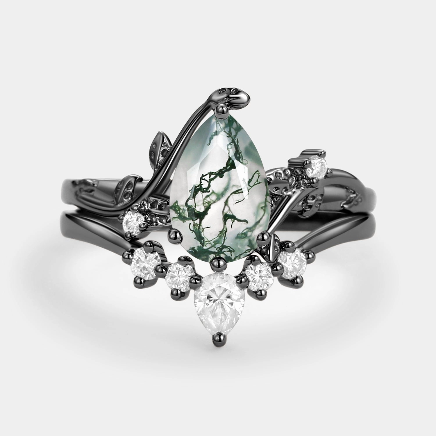 Seasonal Gift Timeless Decoration Black Gold Unique Pear Shaped Moss Agate Leafy Bridal Ring Sets 2pcs - Willow