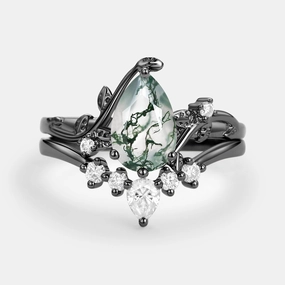 Black Gold Unique Pear Shaped Moss Agate Leafy Bridal Ring Sets 2pcs - Willow Superior Item