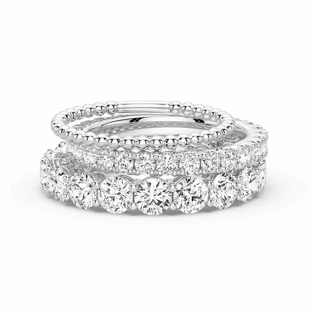 Sculpted Shape Minimal Mood French Pave Round Cut Moissanite Eternity Bands with Simple Beaded Band Stacking Rings
