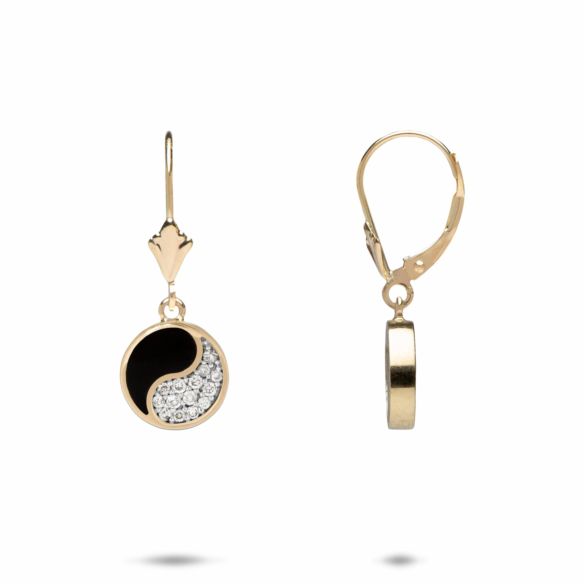 Stylish charm Timeless Craft Yin Yang Black Coral Earrings in Gold with Diamonds - 10mm