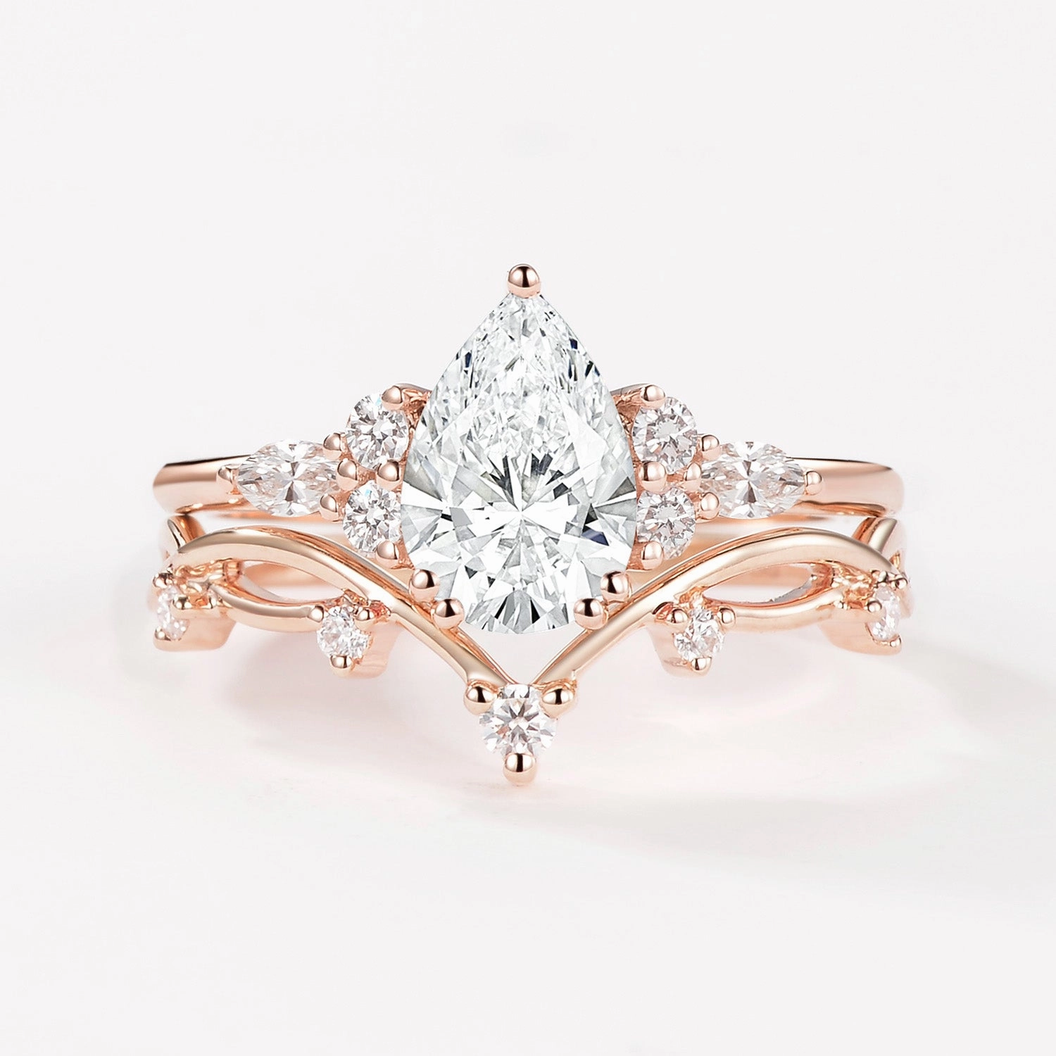 1.0ct Pear Lab Grown Diamond Leafy Ring Set 2pcs - Ona Elegant Update