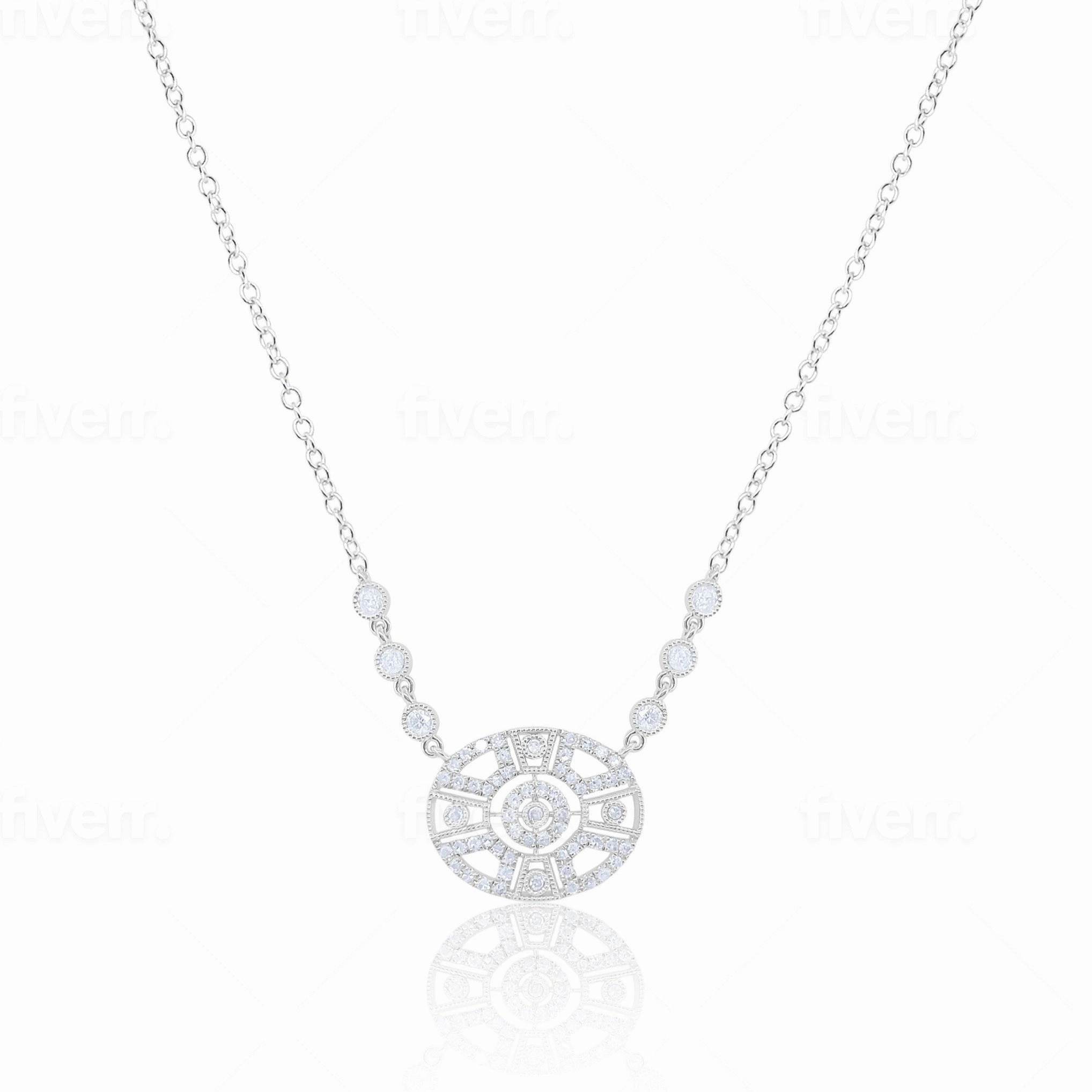 Oval 14K White Gold Diamond Necklace Bridesmaid Gift
