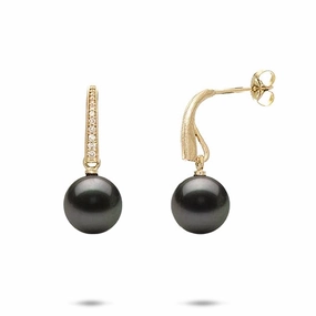 Tahitian Black Pearl Earrings in Gold with Diamonds - 9-10mm Luxe Moment Sleek Touch