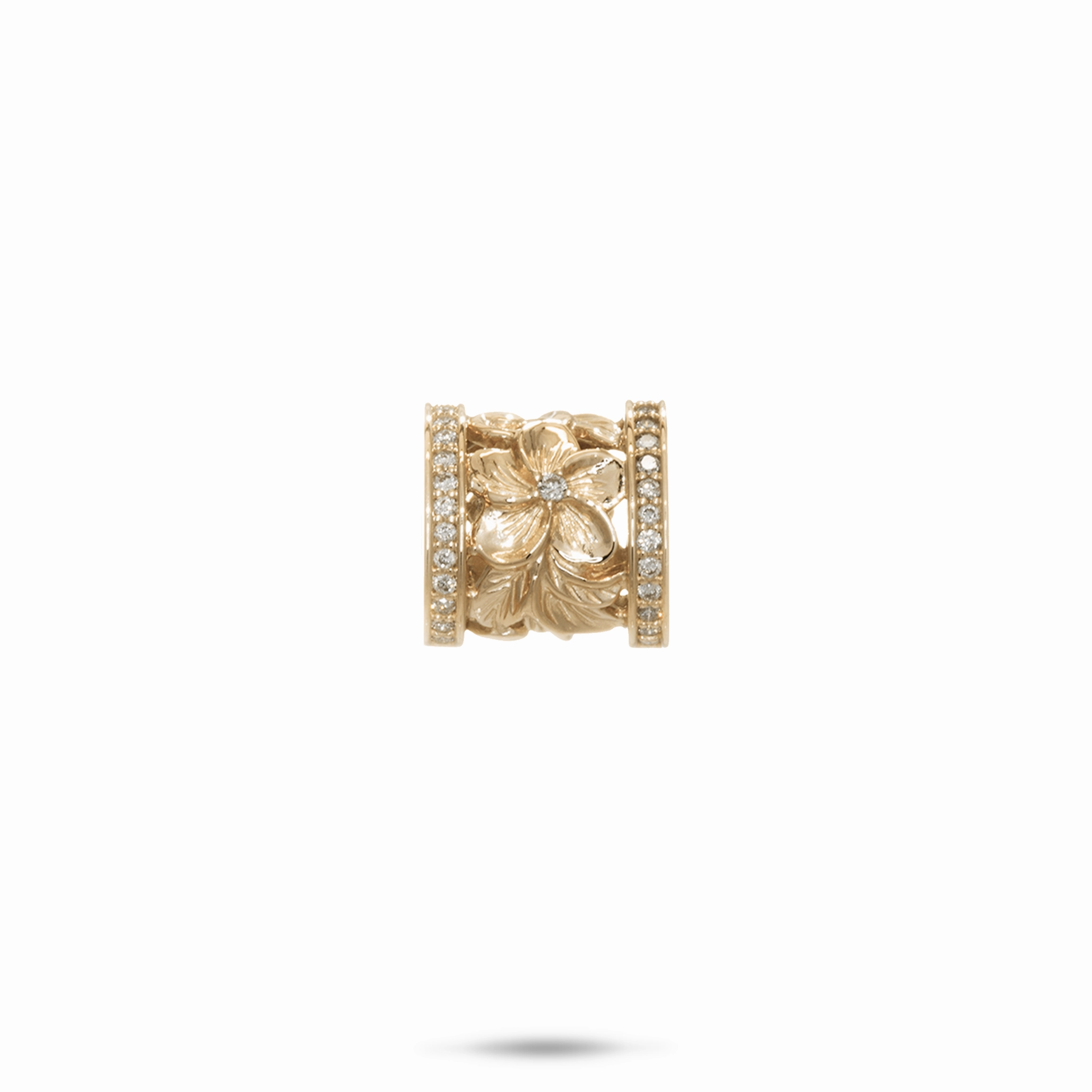 Natural Details Graceful Motion Hawaiian Heirloom Plumeria Barrel Pendant in Gold with Diamonds - 12mm