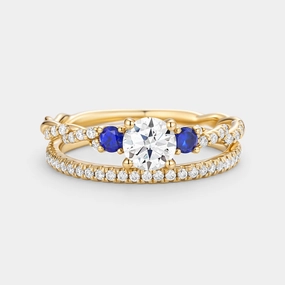 Round Cut Moissanite & Lab Sapphire Cluster Engagement Ring Set 2pcs - Clara Gleaming Sparkle Artistic Detail