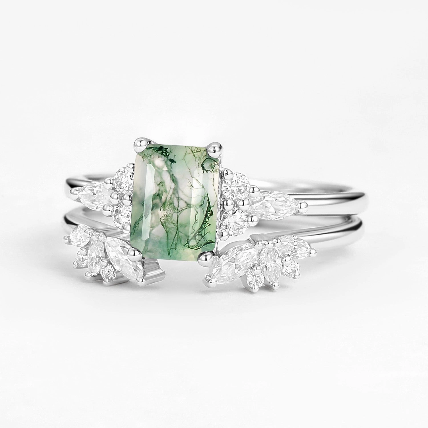 Emerald Cut Green Moss Agate Cluster Engagement Ring Set 2PCS Sleek Outline Shimmering Craft