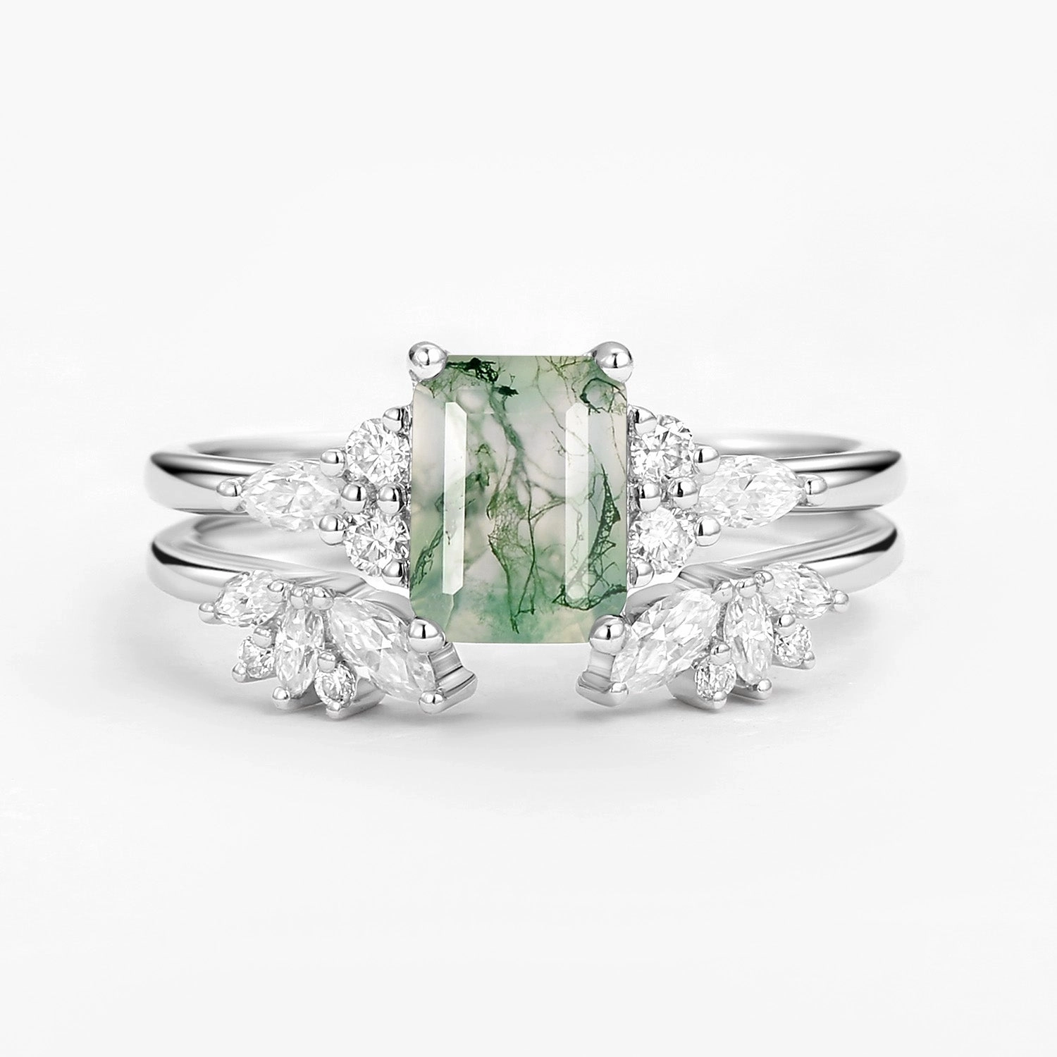 Minimalist Finish Vibrant color Emerald Cut Green Moss Agate Cluster Engagement Ring Set 2PCS