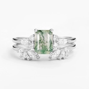 Minimalist Finish Vibrant color Emerald Cut Green Moss Agate Cluster Engagement Ring Set 2PCS