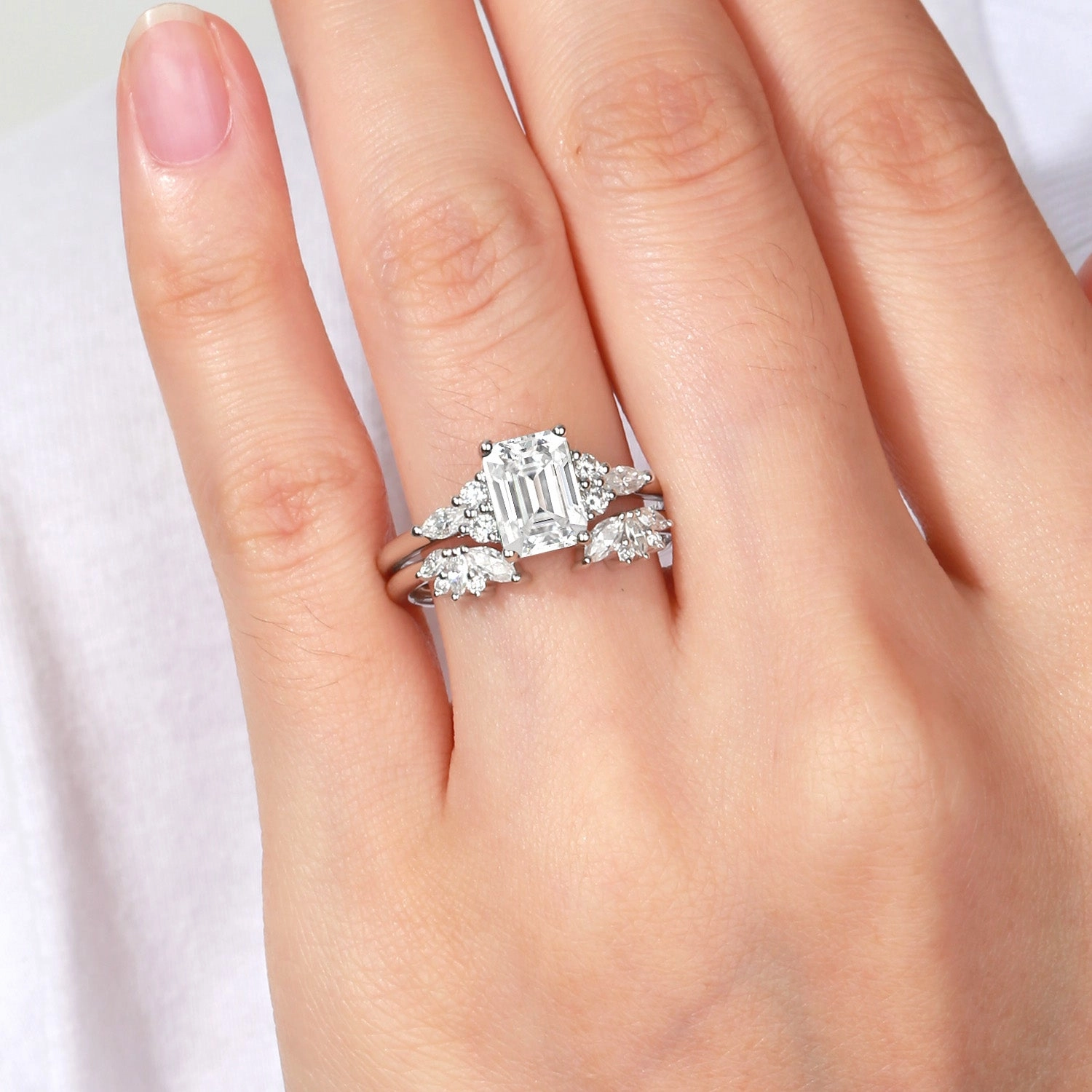 Street Accent Glossy Look Emerald Cut Green Moss Agate Cluster Engagement Ring Set 2PCS