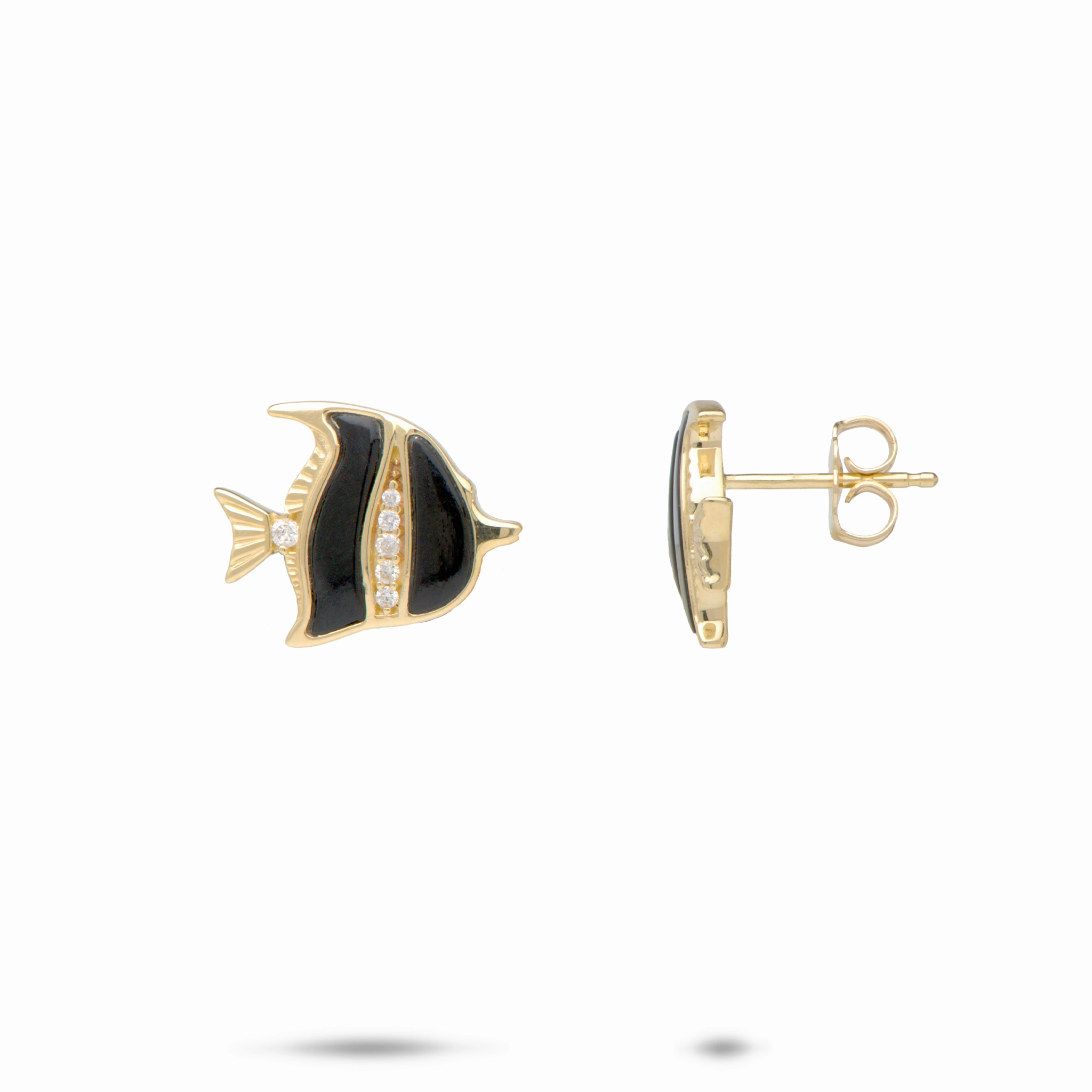 Formal Fit Unique Glow Sealife Angelfish Black Coral Earrings in Gold with Diamonds - 12mm