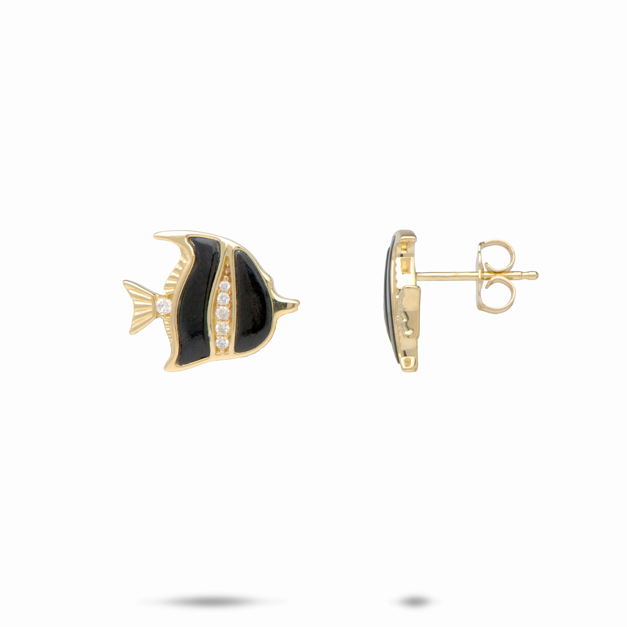 Daily Style Vivid Detail Sealife Angelfish Black Coral Earrings in Gold with Diamonds - 12mm
