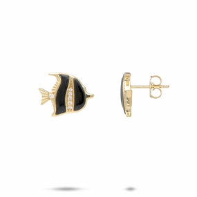 Formal Fit Unique Glow Sealife Angelfish Black Coral Earrings in Gold with Diamonds - 12mm