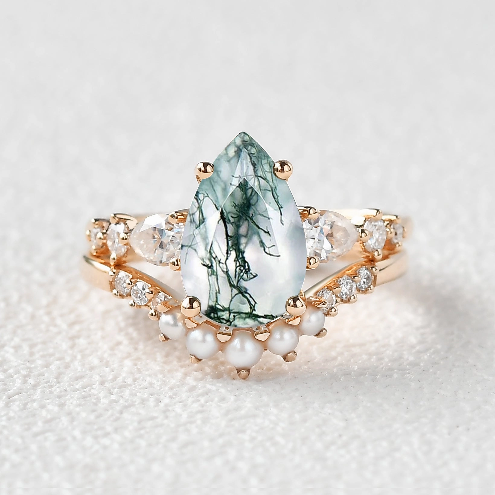 3.0ct Pear Shaped Moss Agate & Pearl Bridal Ring Set 2pcs Trendy Gift
