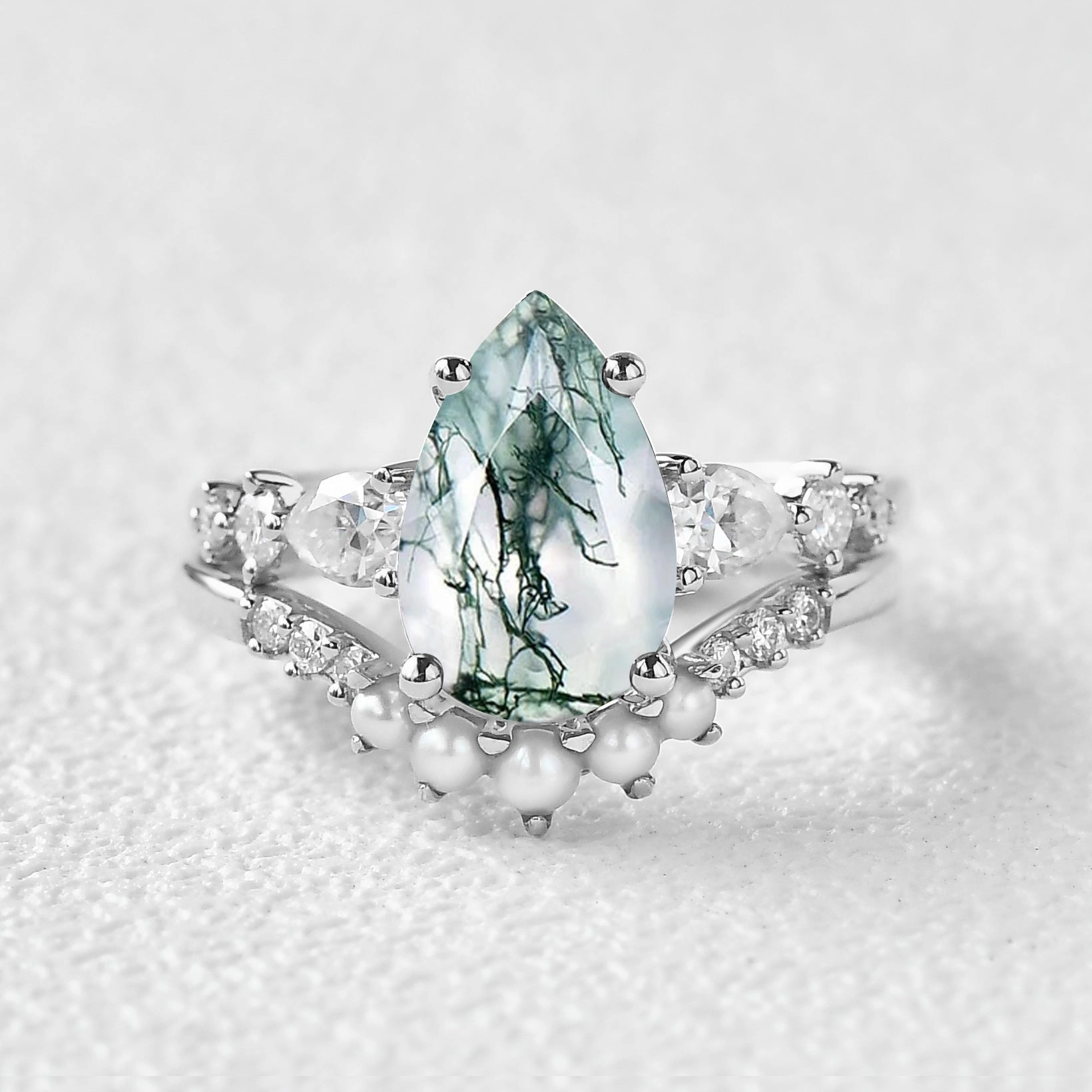 Dazzling Jewelry 3.0ct Pear Shaped Moss Agate & Pearl Bridal Ring Set 2pcs